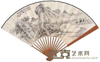 张石园 来楚生 山村览胜 篆书 成扇 